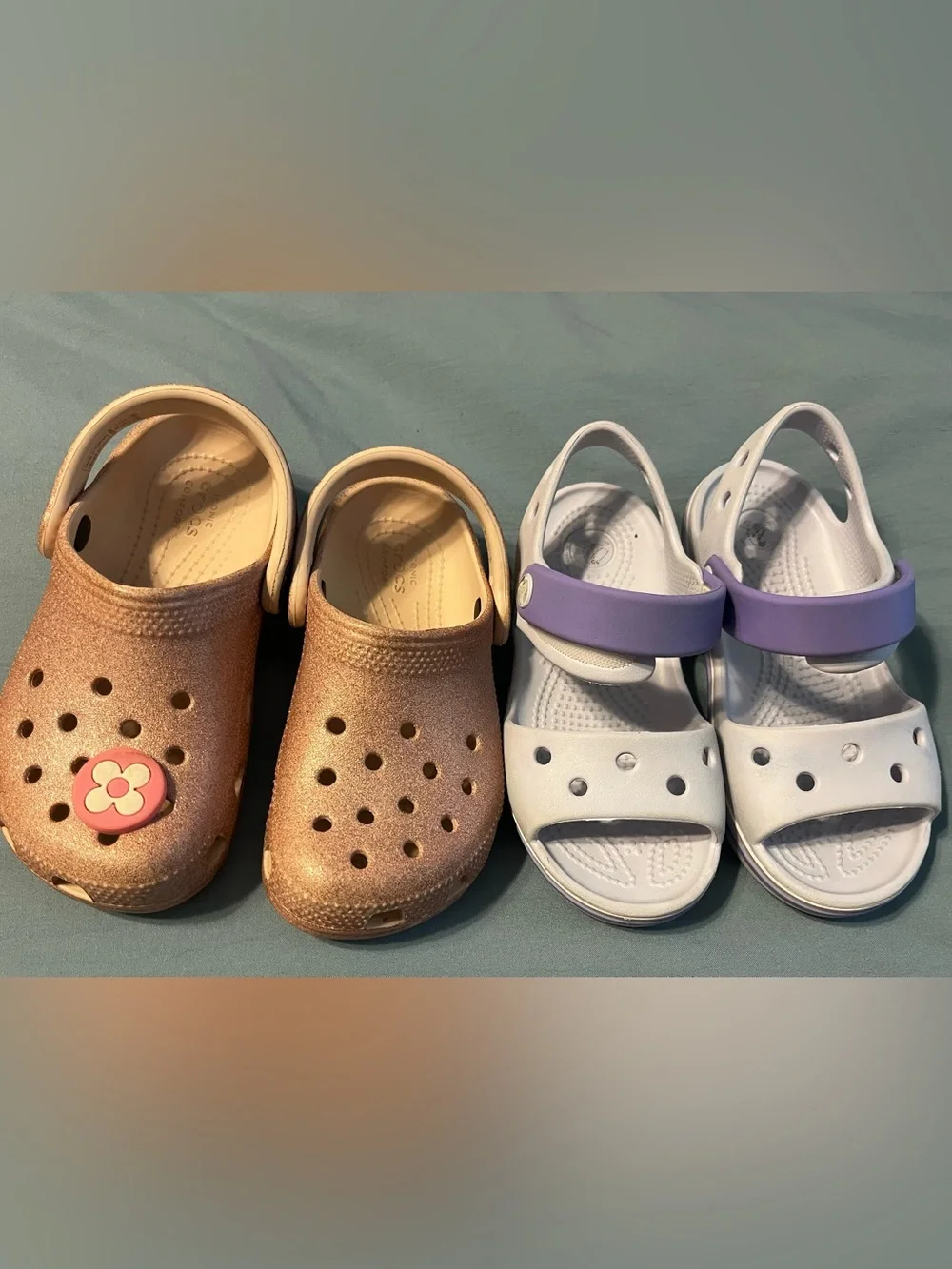 CROCS Sz10 kids Glitter Clog in Rose Gold and Lavender with Purple Strap